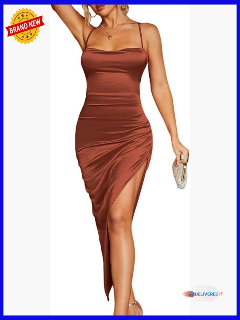 Satin Silk Midi Dress Backless Lace Up Ruched High Slit Bodycon